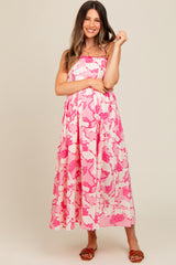 Pink Floral Wave Trim Back Tie Maternity Midi Dress