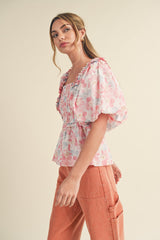 Pink Multi Floral Ruffle Trim Smocked Puff Sleeve Top