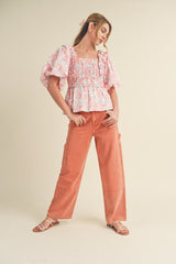 Pink Multi Floral Ruffle Trim Smocked Puff Sleeve Top