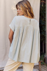 Sage Oversized Cotton Poplin Tunic Top With Ruffled Hem