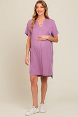 Lavender V-Neck Basic Maternity Shirt Dress