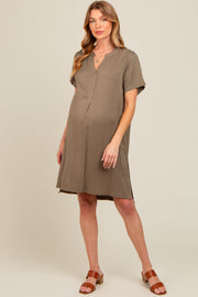 Olive V-Neck Basic Maternity Shirt Dress