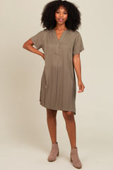 Olive V-Neck Basic Shirt Dress