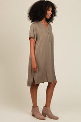 Olive V-Neck Basic Shirt Dress