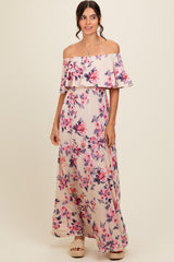 Ivory Floral Off Shoulder Maxi Dress