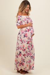 Ivory Floral Off Shoulder Maternity Maxi Dress