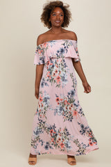 Pink Off Shoulder Floral Ruffle Maxi Dress