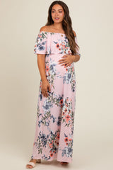 Pink Off Shoulder Floral Ruffle Maternity Maxi Dress