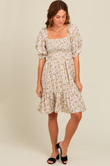 Cream Floral Smocked Puff Sleeve Dress