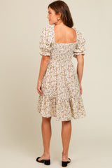 Cream Floral Smocked Puff Sleeve Dress