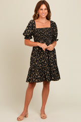 Black Floral Smocked Puff Sleeve Dress