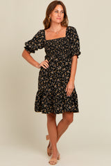 Black Floral Smocked Puff Sleeve Dress