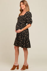 Black Floral Smocked Puff Sleeve Maternity Dress