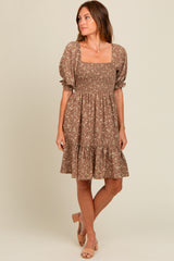 Mocha Floral Smocked Puff Sleeve Dress