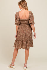 Mocha Floral Smocked Puff Sleeve Maternity Dress