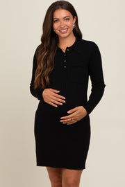 Black Ribbed Knit Henley Maternity Dress