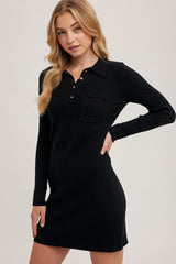 Black Ribbed Knit Henley Dress