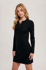 Black Ribbed Knit Henley Dress