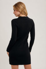 Black Ribbed Knit Henley Dress