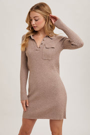 Mocha Ribbed Knit Henley Dress