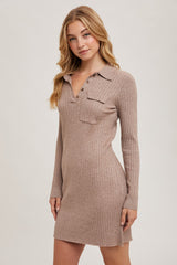 Mocha Ribbed Knit Henley Dress