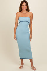 Light Blue Contrast Trim Maternity Strapless Knit Dress