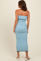 Light Blue Contrast Trim Strapless Knit Dress