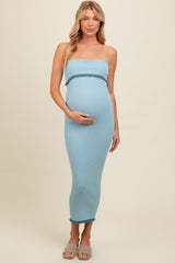 Light Blue Contrast Trim Maternity Strapless Knit Dress