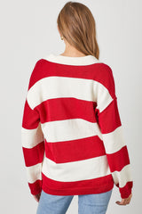 Red Wide Stripe Polo Sweater