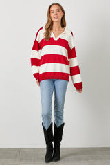 Red Wide Stripe Polo Sweater