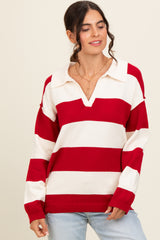 Red Wide Stripe Polo Sweater