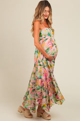 Pink Floral Tiered Ruffle Hem Maternity Maxi Dress