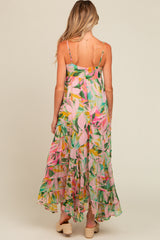 Pink Floral Tiered Ruffle Hem Maternity Maxi Dress