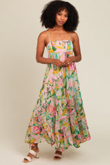 Pink Floral Tiered Ruffle Hem Maternity Maxi Dress