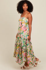 Pink Floral Tiered Ruffle Hem Maxi Dress