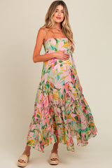 Pink Floral Tiered Ruffle Hem Maternity Maxi Dress