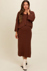 Brown Textured Knit Top And Midi Skirt Maternity Set