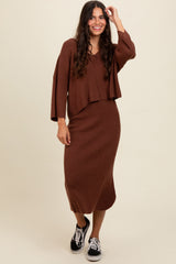 Brown Textured Knit Top And Midi Skirt Maternity Set