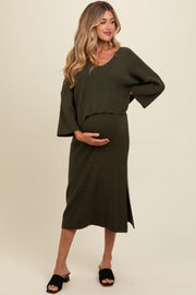 Forest Green Textured Knit Top And Midi Skirt Maternity Set