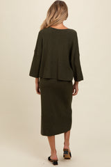 Forest Green Textured Knit Top And Midi Skirt Maternity Set