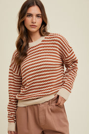 Rust Striped Crochet Knit Sweater