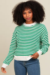 Green Striped Crochet Knit Sweater