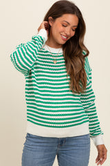 Green Striped Crochet Knit Maternity Sweater