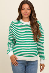 Green Striped Crochet Knit Maternity Sweater