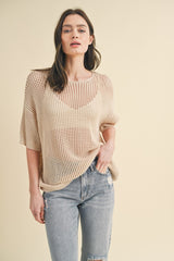 Beige Open Knit Maternity Sweater Top