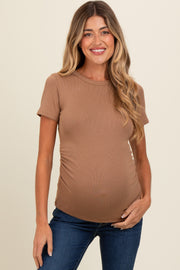 Mocha Ruched Micro-Rib Maternity Top