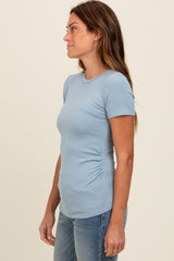 Blue Ruched Micro-Rib Top