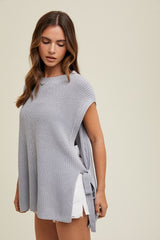 Grey Chunky Knit Side Tie Sweater Top