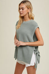 Olive Chunky Knit Side Tie Sweater Top