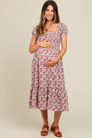 Magenta Floral Smocked Ruffle Hem Maternity Midi Dress